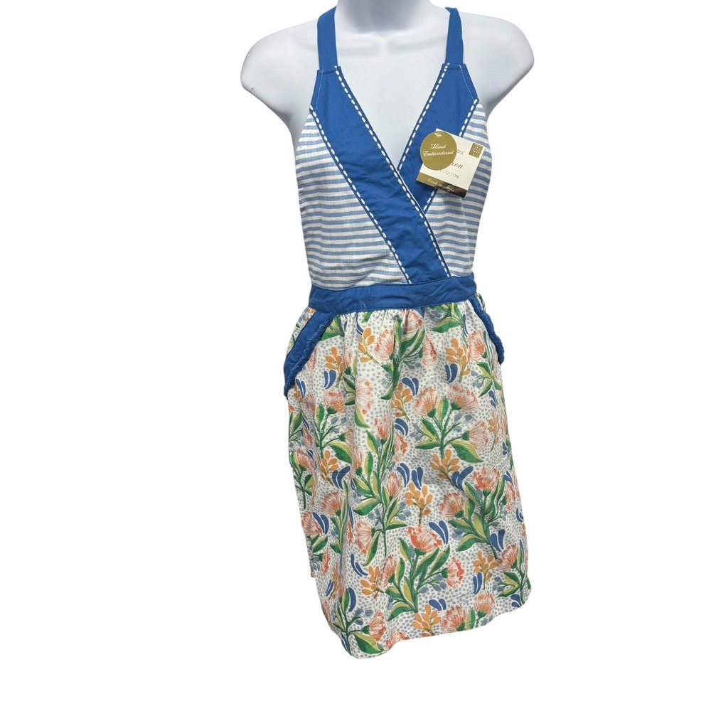 Envogue Floral Striped Cotton Apron Hand Embroidered Blue White One Size NWT